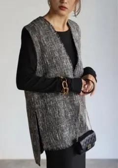 BONJOUR SAGANツイード Vネック ベスト グレー