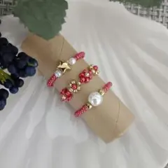 ビーズリング3個セット＊赤＊15号＊指輪＊handmade【044】