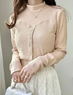 ベージュ リブ編み ハイネック トップス SHEIN