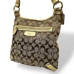 良品 802 コーチ ショルダーバッグ シグネチャー ブラウン ゴールド
