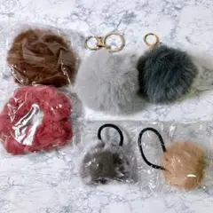 ファーポンポンヘアアクセサリー ファーチャーム キーホルダー計6個セット