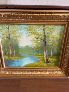 油彩画 風景画 湖畔の森 額装 - メルカリ