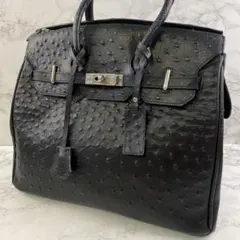 ノーブランド オーストリッチ型押しPUレザー ハンドバッグ 黒(ブラック)