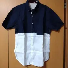 THE SHOP TK ブロックカラー 半袖綿麻シャツ M ネイビー×ホワイトのサムネイル