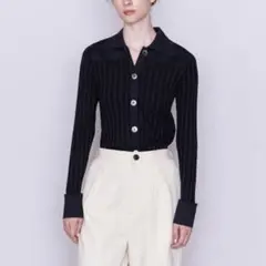 美品 2022 P/C リブ ポロ カーディガン ネイビー 長袖 襟付き 濃紺