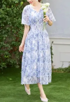 トッコ 後ろリボン付きウエストシャーリングシアージャガードフラワーワンピース　М