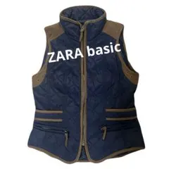 ZARA BASIC キルティングベスト ネイビー×ブラウン スタンドカラー