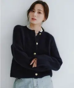 2601137 カシミヤブレンドノーカラーニットジャケット ネイビー