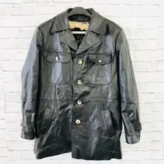 70s-80s XLサイズ相当 レザー サファリジャケット シボ加工 ブラック