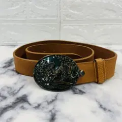 【Vintage】レザーベルト ブラウン 彫刻バックル 鹿 カット可能 未使用級