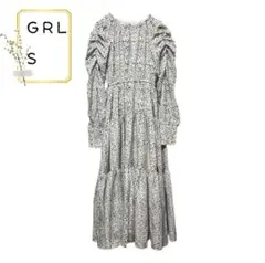 GRL グレイル S ワンピース 総柄 パフスリーブ ロング ティアード 白黒