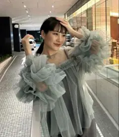 ANDRESD/チュールトップス/グリーン/結婚式/フリルプラウス長袖/タグなし