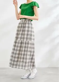 ROPE PICNIC シアーチェックスカート フレア ロング ホワイト