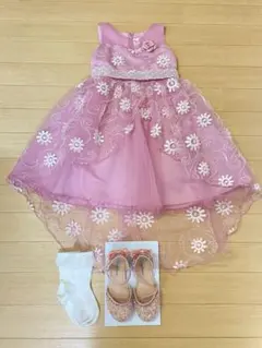 ピンク 花柄刺繍ドレス 140cm 靴・靴下付き