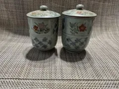 懐かしい蓋付きめおと湯飲みセット 花柄