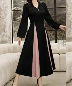 【完売品】バイカラーフレアワンピース ロングワンピース 長袖 Aライン きれいめ