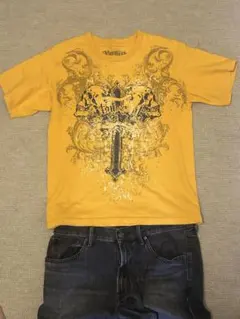 Atonement スカル クロス プリント Tシャツ イエロー Sサイズ