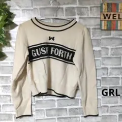 GRL リボン刺繍ロゴニットトップス 配色 裾タック 大人可愛い ゆったり F