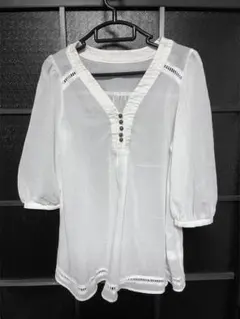 ホワイト Vネック チュニック M 透け感　七分袖
