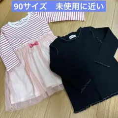 べべ　ピンク　ボーダー　ワンピース　リブ　長袖　チャコールグレー