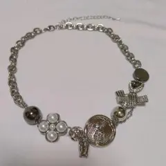 ネックレス シルバー コイン パール風 チェーン フラワー 個性的 グランジ