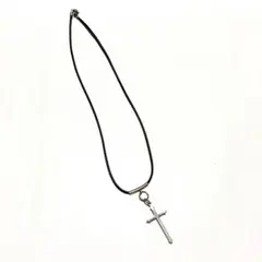 シルバークロスモチーフ ネックレス 十字架 銀×ブラック フェイクレザーコード