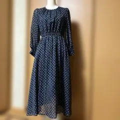 ネイビー フラワープリント 長袖 ワンピース