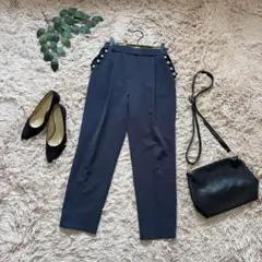 6308❃ルールーム❃クロップドパンツ【F】ネイビー/パール/テーパード/フリル