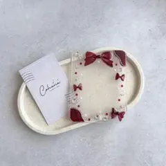 【ワインレッド×リボン】トレカケース レジンデコ B8 推し活 韓国トレカ