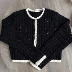 MOUSSY ラメ入りニットカーディガン ブラック×ホワイトのサムネイル