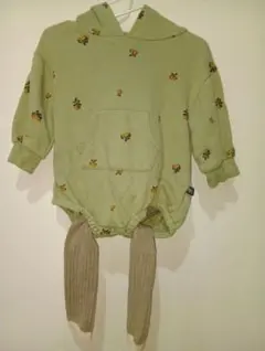 PUPPAPUPO グリーン フード付きロンパース80 セットコーデ