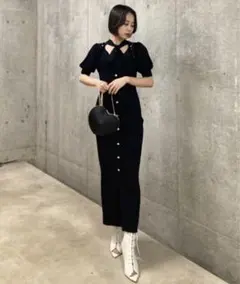 rienda 2WAYネックリボンフェイクパールニットワンピース　ブラック