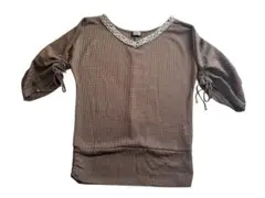 ブラウン Vネック 五分袖チュニック