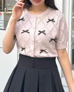 INGNI 透かしリボン半袖ニットカーディガン ピンク