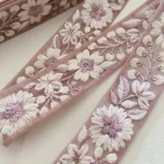 インド刺繍リボン くすみピンク 花柄 3cm×1m バッグ装飾 ハンドメイド資材