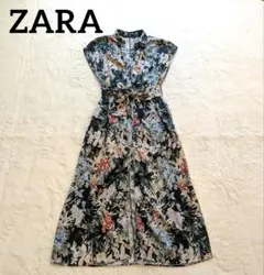ZARA ロングシャツワンピース ボタニカル柄 紐付き 　リゾートワンピース