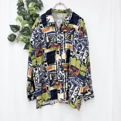 美品✨ 総柄 シルク 100 柄シャツ レトロ 大きめ 派手柄 長袖 高級のサムネイル