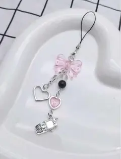 ビーズキーホルダー チャーム ハート リボン ストラップ ピンク