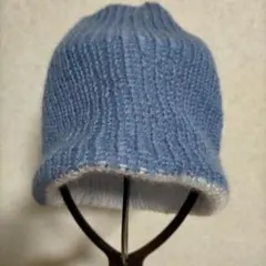 ハンドメイド リバーシブル ブルー‪✕‬ライトグレー ニット帽