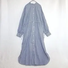 アダムエロペ♦︎ストライプ シャツワンピース ロング丈 バンドカラー 春夏