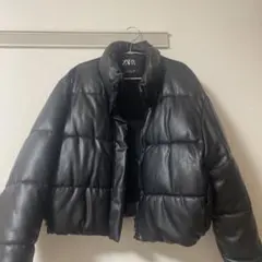 ZARA パフジャケット 中綿 レザー L 黒 クロップド