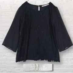 七分袖 シアー レース ブラウス M ブラック黒 フレア 上品 透け感 トップス