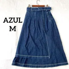 【アズール】フレアスカート　デニム　ウエストベルト　カジュアル　上品　Mサイズ