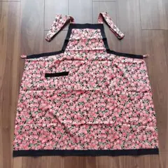 手づくり花柄エプロン オレンジと黒 未使用