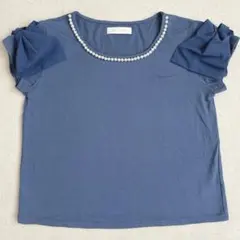 CECIL Mc BEE パール装飾 カットソー M リボン フェミニン ブルー