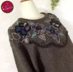 レトロ ニット セーター 刺繍 ビーズ ウール 花 モチーフ 古着 茶
