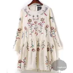 新品 ZARA ザラ 花柄 刺繍 シフォン チュニック ワンピース ミニ 白