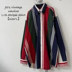 90s小文字タグ★nautica/ノーティカ★長袖ストライプシャツ★紺赤白緑★Lのサムネイル