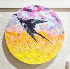 「桜と菜の花畑の中を飛ぶツバメ」桜　菜の花畑　ツバメ　コラージュ