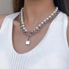 ゴシック パール 数珠 南京錠 ダブルチェーン ネックレス #C275-2